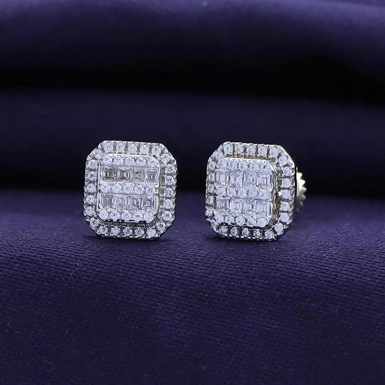 Halo Diamond Stud Earrings for Men 0.70 Cttw Round and Baguette cut Natural Diamond Ear Studs with Screw Backs in 14K Solid Gold Jewelry Gift for Him