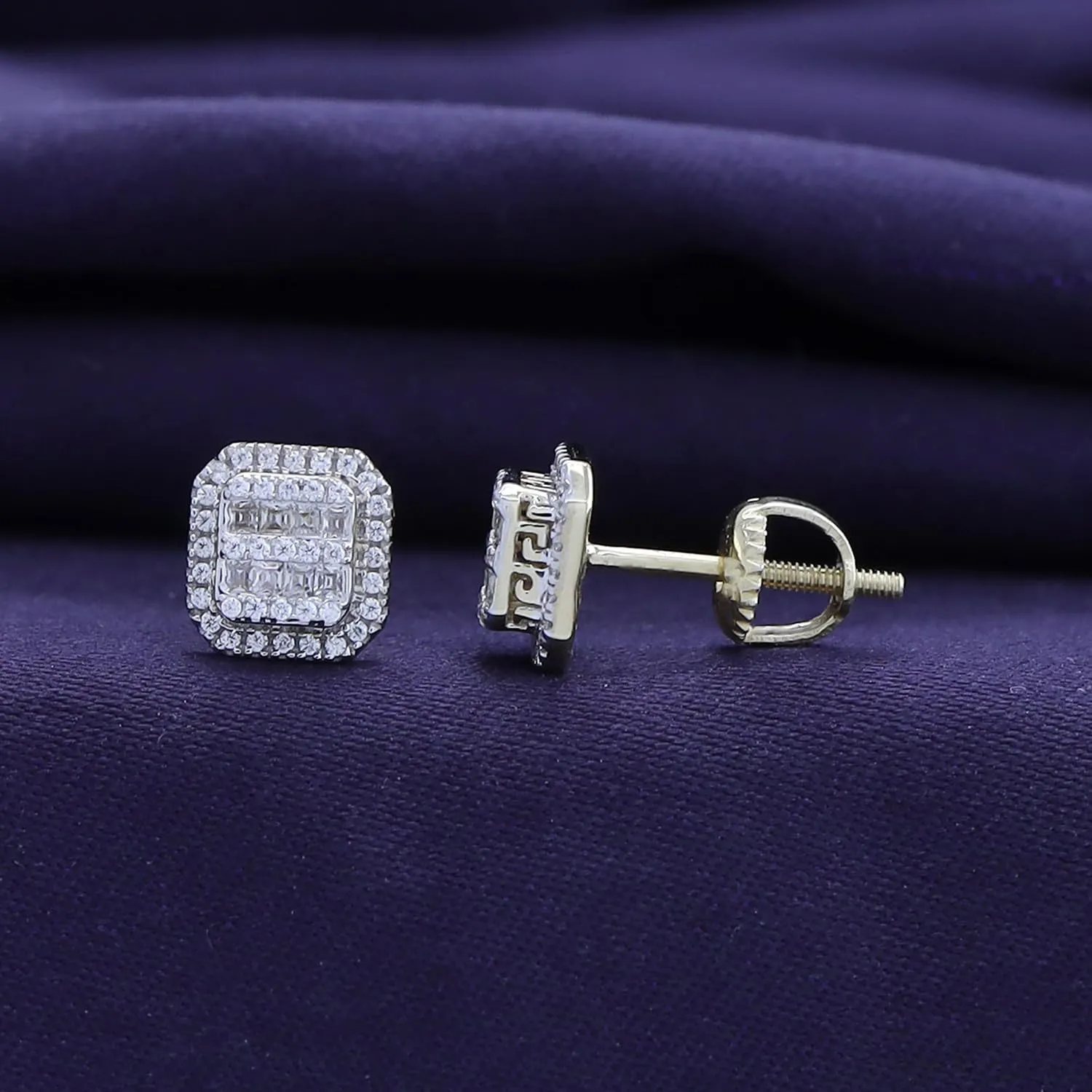 Halo Diamond Stud Earrings for Men 0.70 Cttw Round and Baguette cut Natural Diamond Ear Studs with Screw Backs in 14K Solid Gold Jewelry Gift for Him