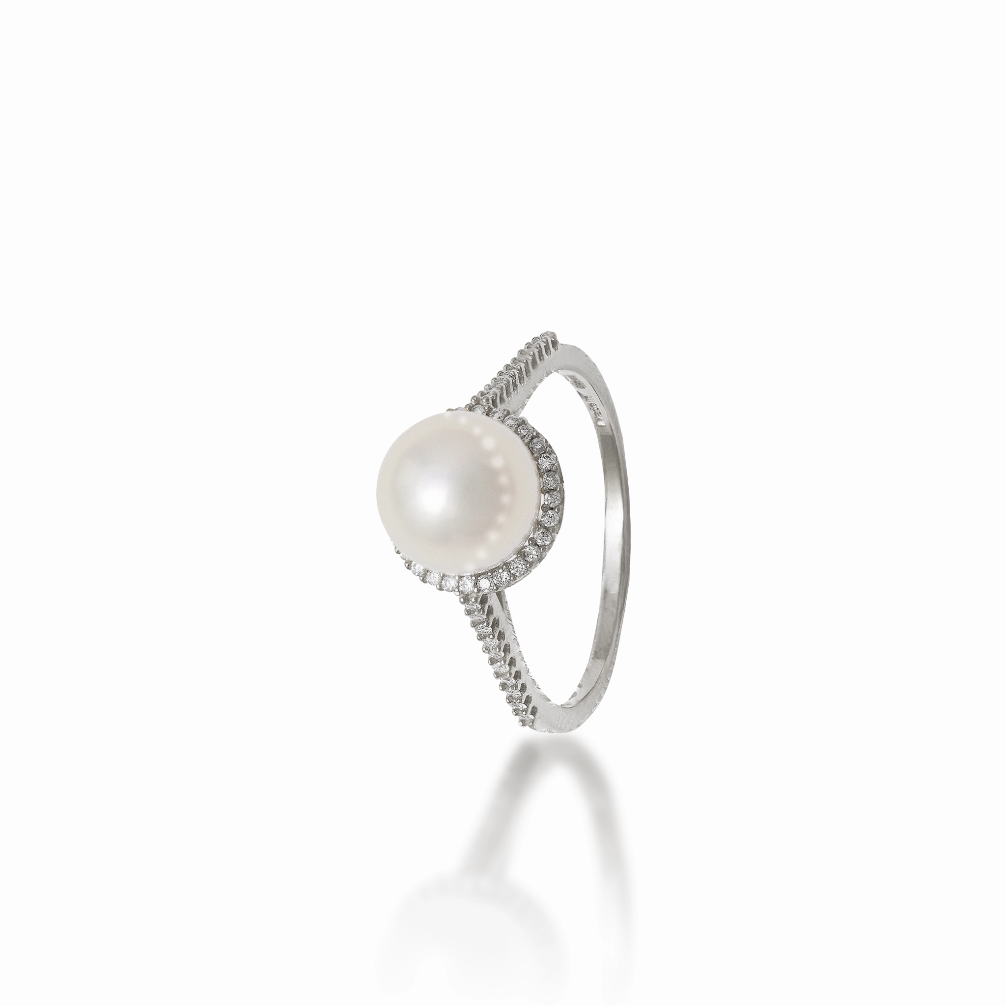 Distinctive Look Luminous Look Halo Akoya White Pearl Ring in White Gold with Diamonds - 8mm