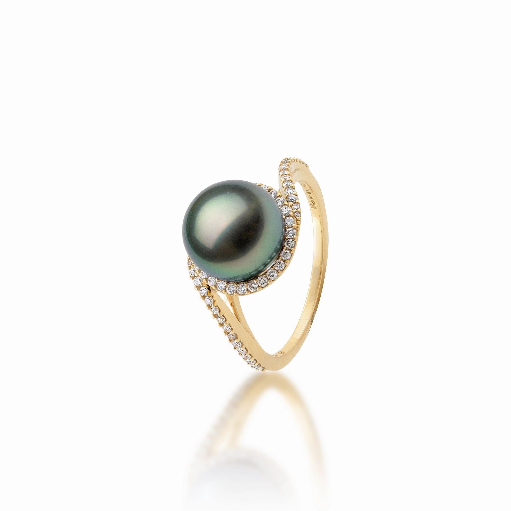 Halo Bypass Tahitian Black Pearl Ring in Gold with Diamonds - 9-10mm Delicate Flash