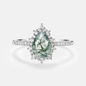 Date Look Halo Pear Shaped Moss Agate Engagement Ring - Ophelia
