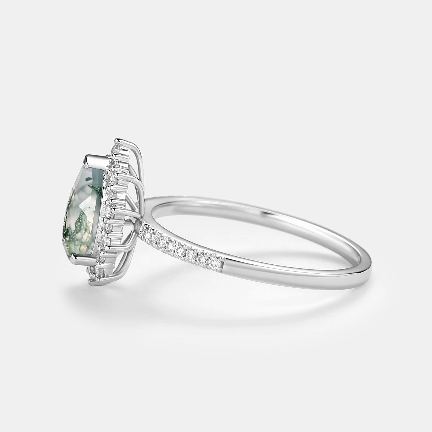 Halo Pear Shaped Moss Agate Engagement Ring - Ophelia Youthful Twist Opulent Accent