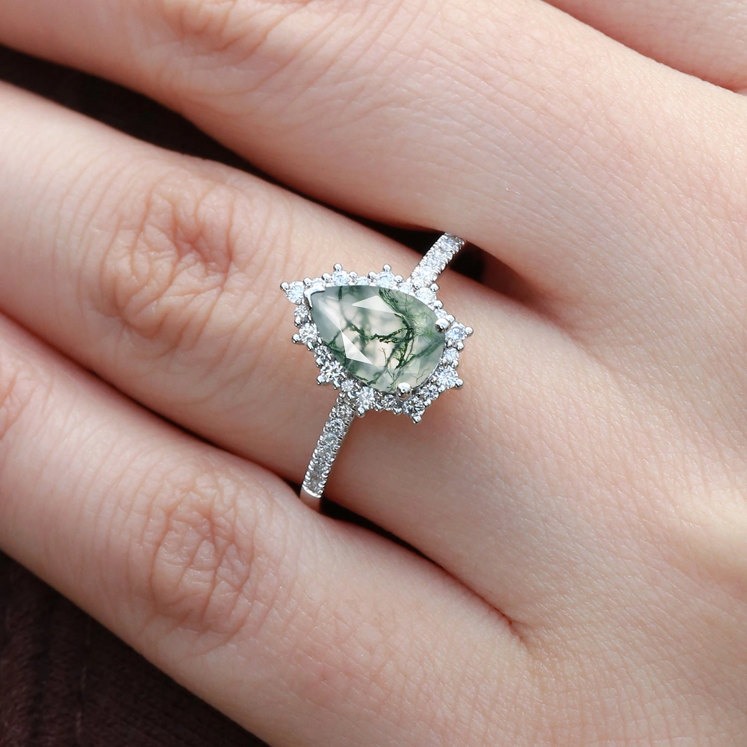 Iconic Feature Halo Pear Shaped Moss Agate Engagement Ring - Ophelia