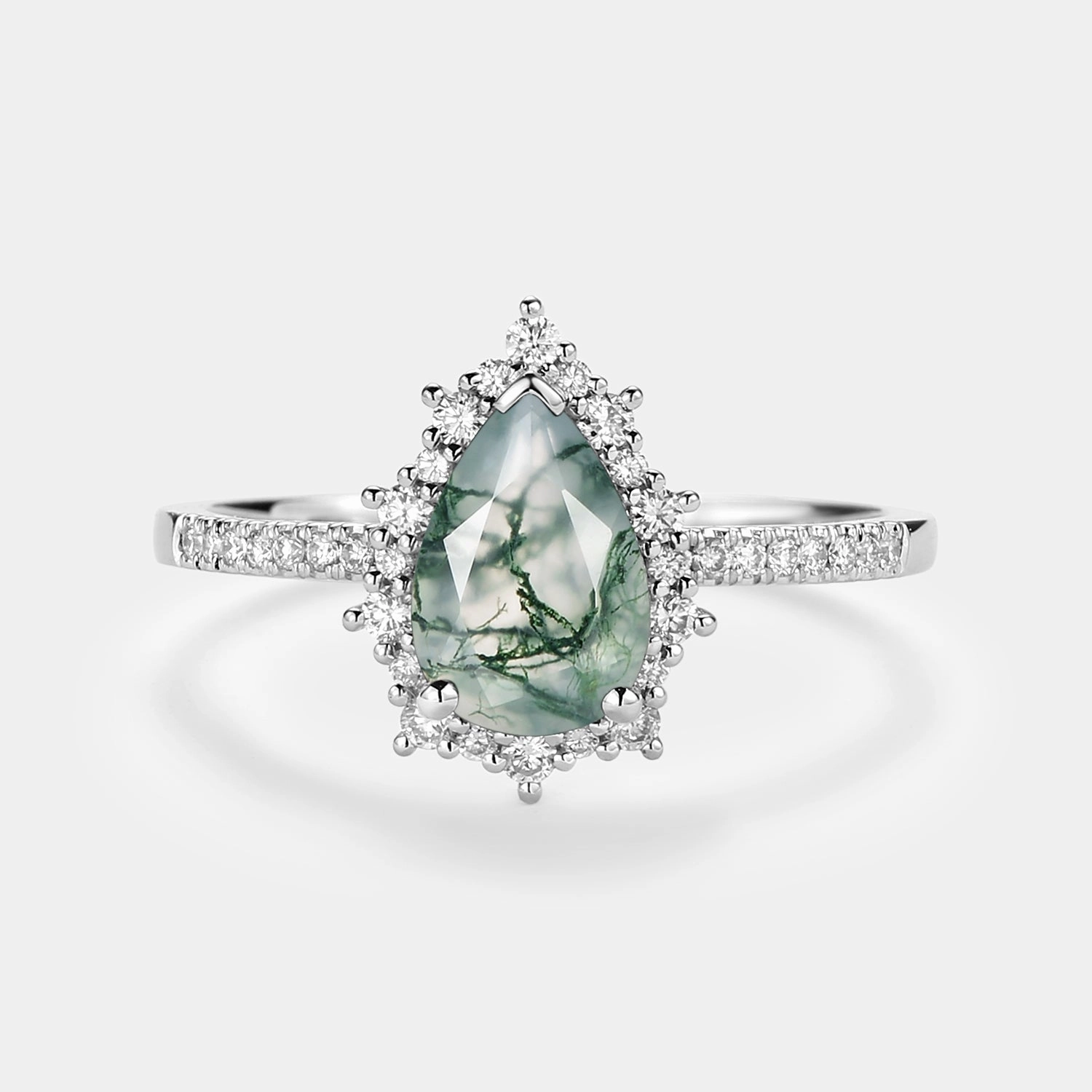 Date Look Halo Pear Shaped Moss Agate Engagement Ring - Ophelia