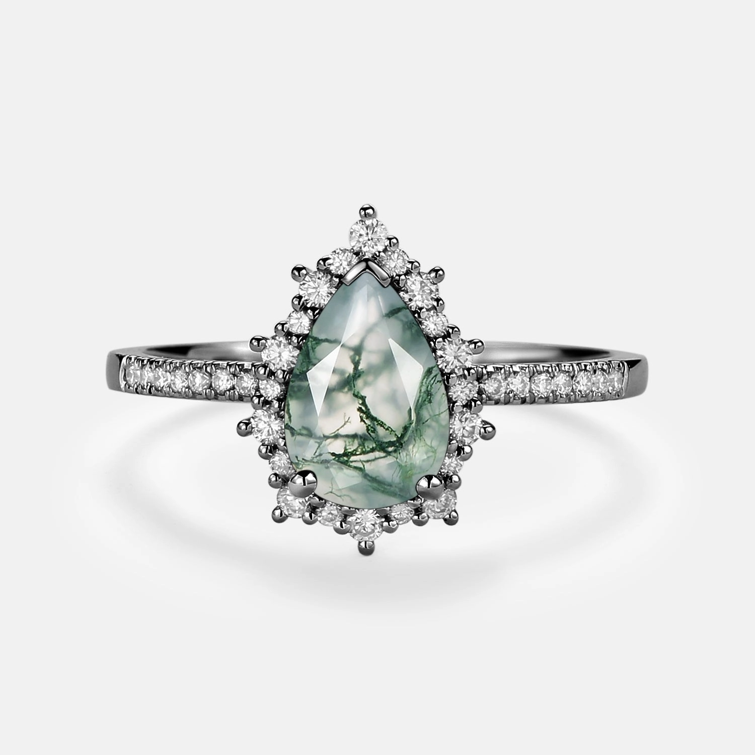 Classic Shape Halo Pear Shaped Moss Agate Engagement Ring - Ophelia