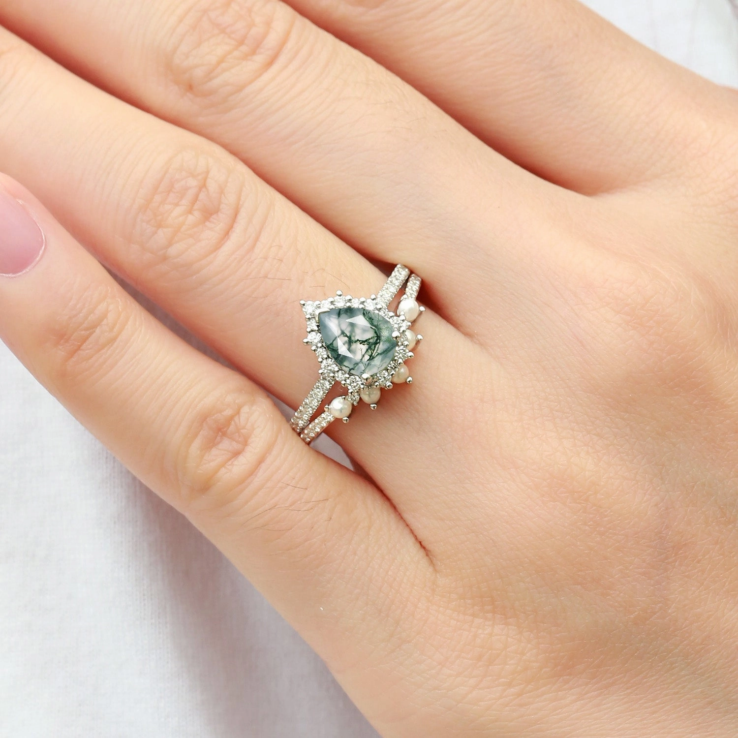 Fashion Muse Halo Pear Shaped Moss Agate Pearl Ring Set 2pcs - Ophelia