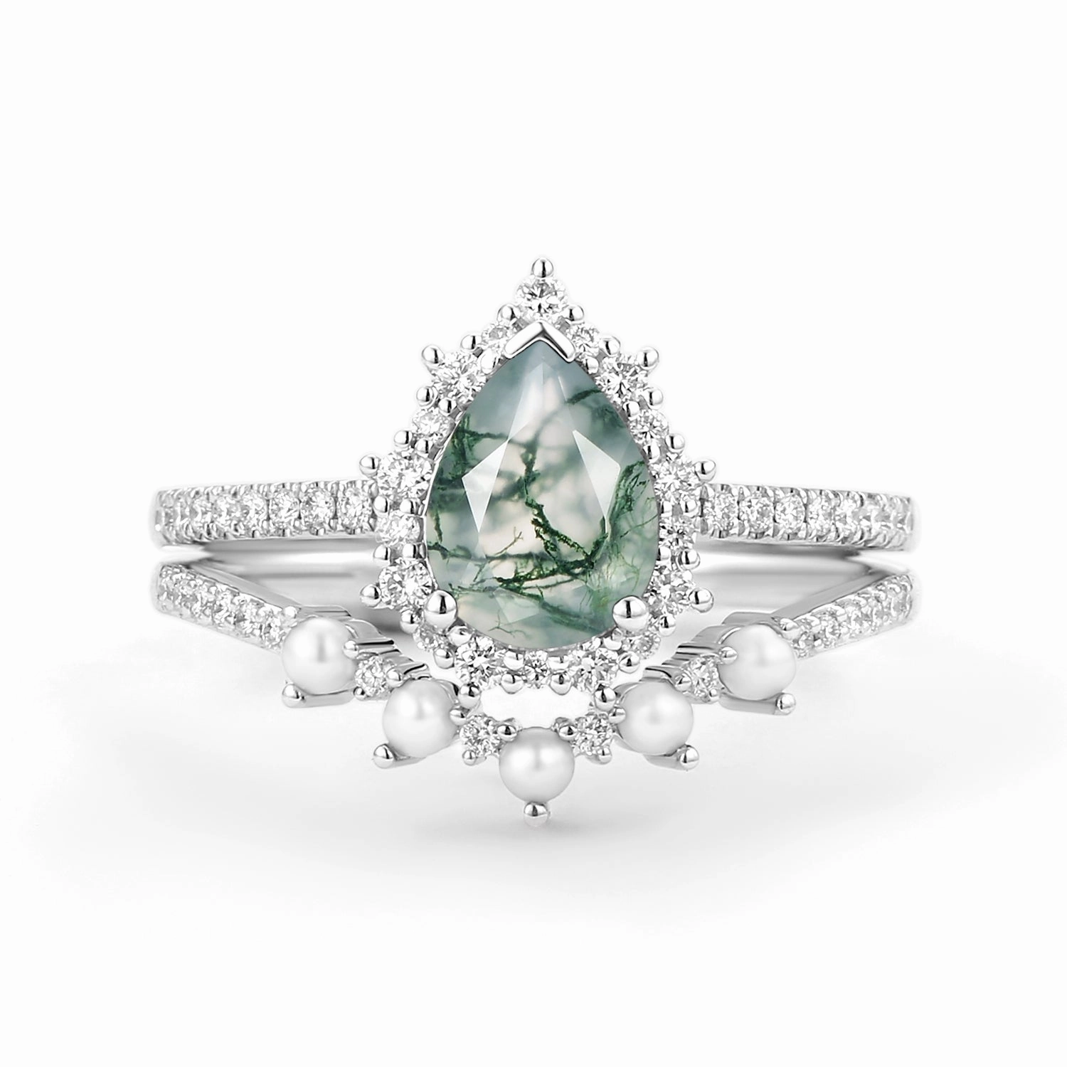 Halo Pear Shaped Moss Agate Pearl Ring Set 2pcs - Ophelia Bridal Moment