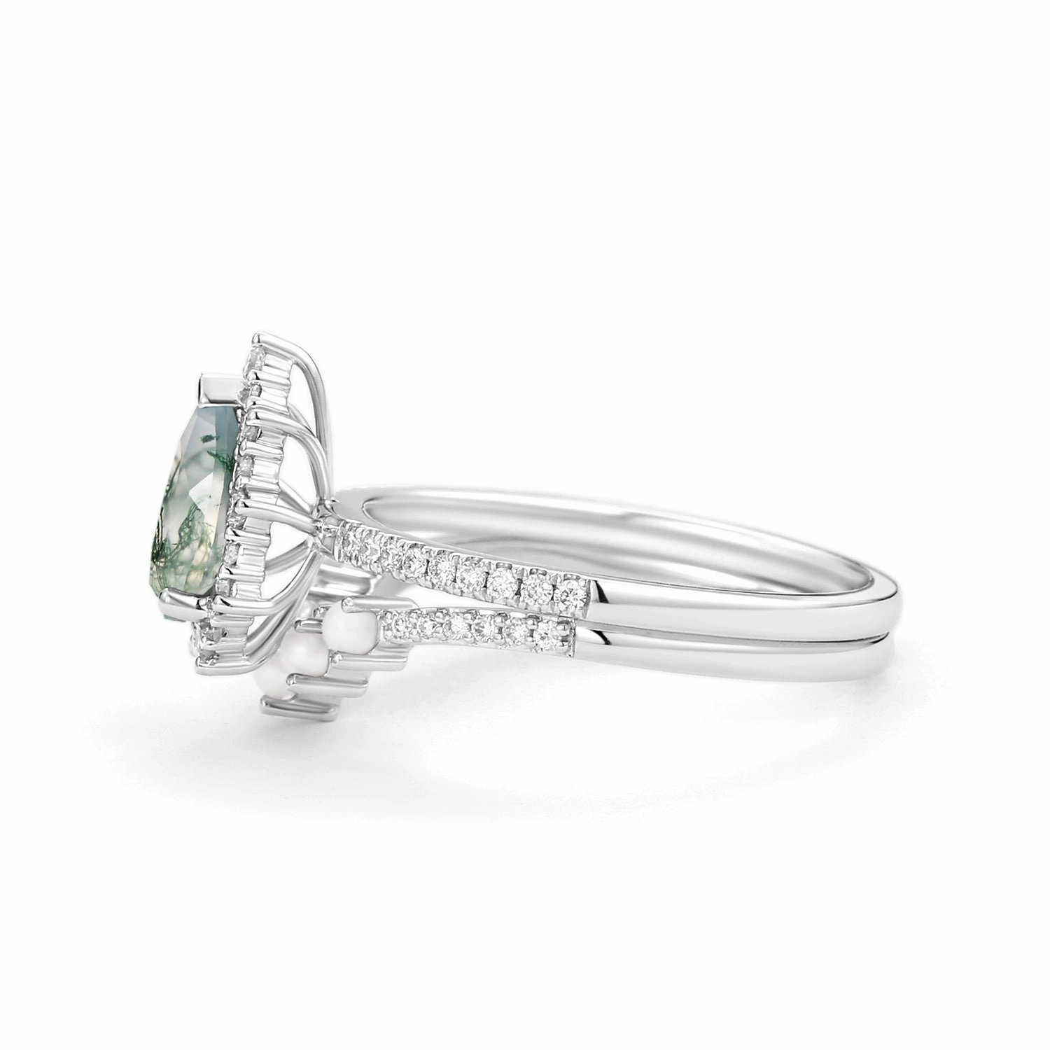 Halo Pear Shaped Moss Agate Pearl Ring Set 2pcs - Ophelia Shiny Jewelry Glamour Effect