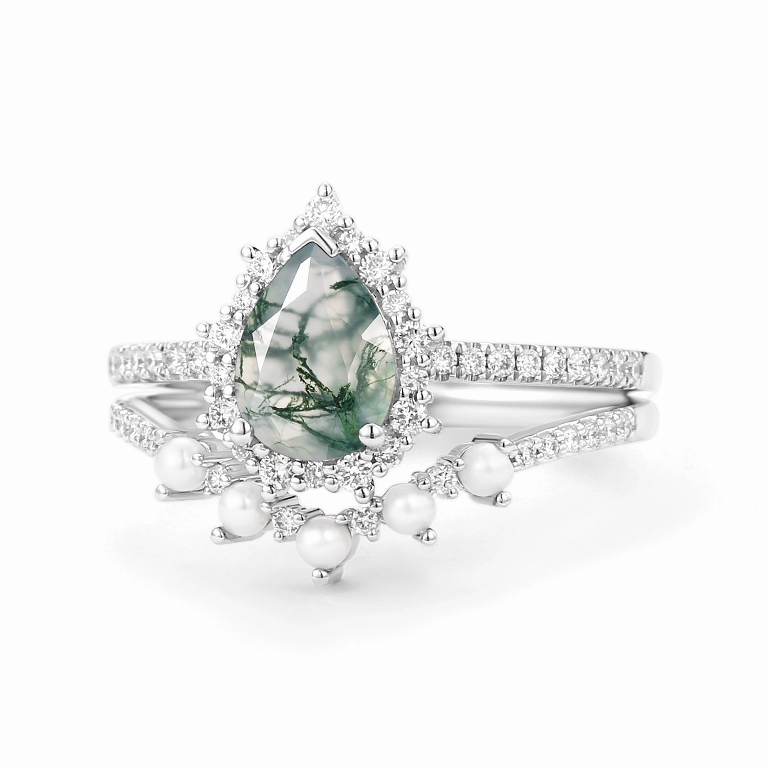 Dainty Edge Halo Pear Shaped Moss Agate Pearl Ring Set 2pcs - Ophelia