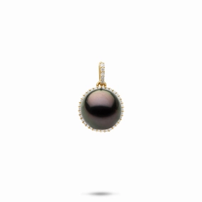 Halo Tahitian Black Pearl Pendant in Gold with Diamond - 10-11mm Evening Glam Handcrafted Jewelry