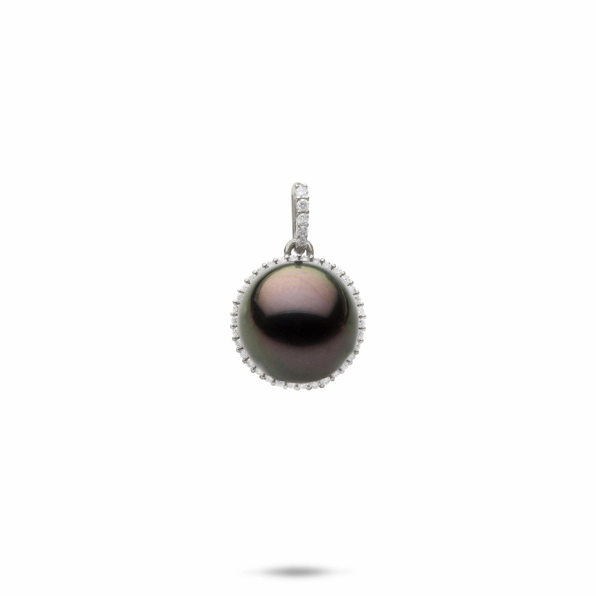 Sophisticated Shine Pieces Halo Tahitian Black Pearl Pendant in White Gold with Diamonds - 10-11mm