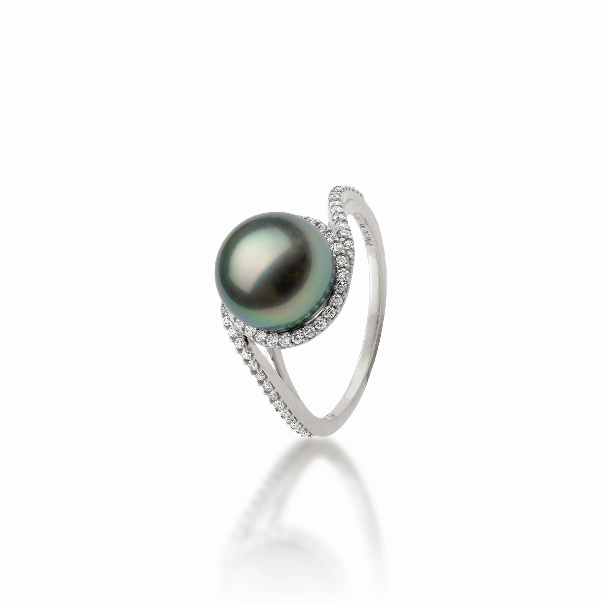 Cool Spark Halo Tahitian Black Pearl Ring in White Gold with Diamonds - 9-10mm