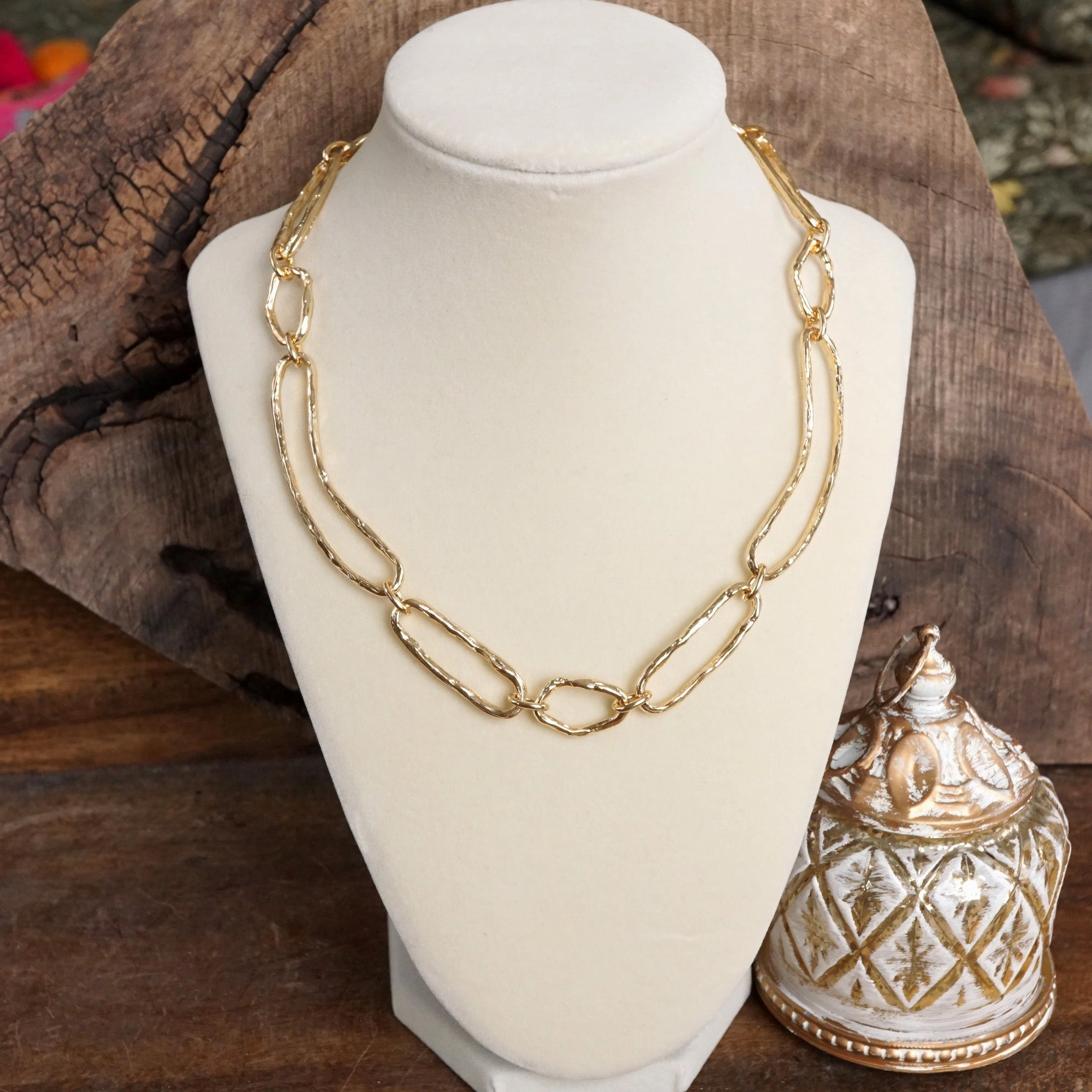 Hammered Gold Link Abstract Statement Bohemian Necklace For Son Bold Choice