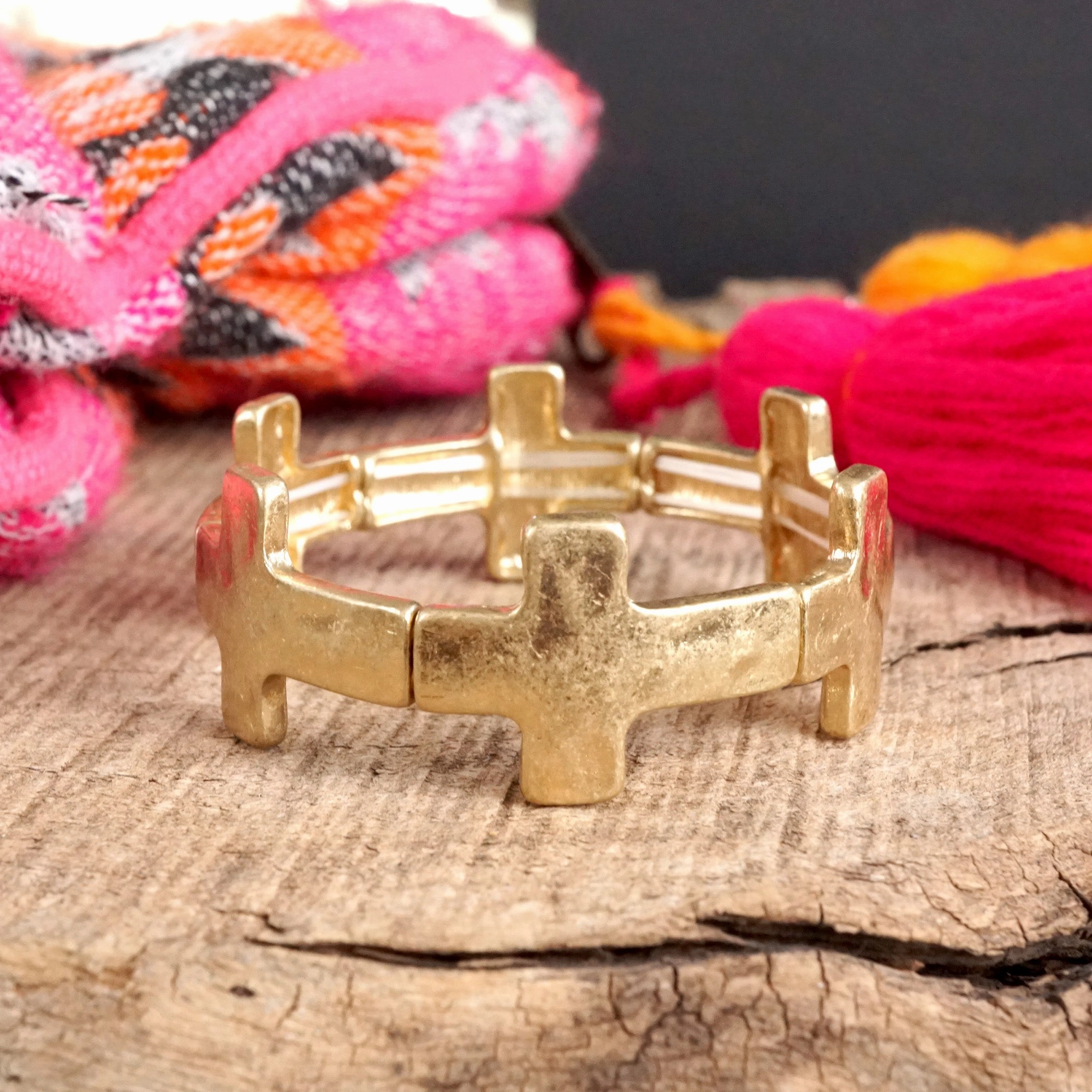 Hammered Sideways Cross Bracelet in Worn Silver Gold Tone Boho Style Multi-Generational Well-Measured