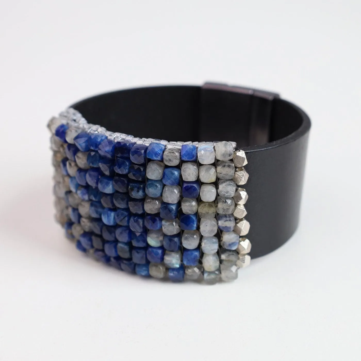 Hand Stitched Faceted Kyanite & Labadorite Cubes Leather Bracelet