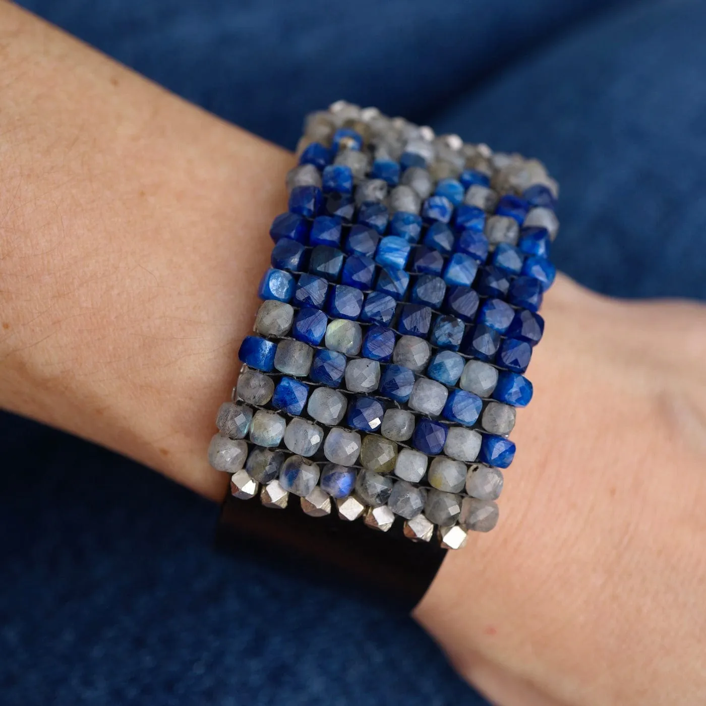 Hand Stitched Faceted Kyanite & Labadorite Cubes Leather Bracelet