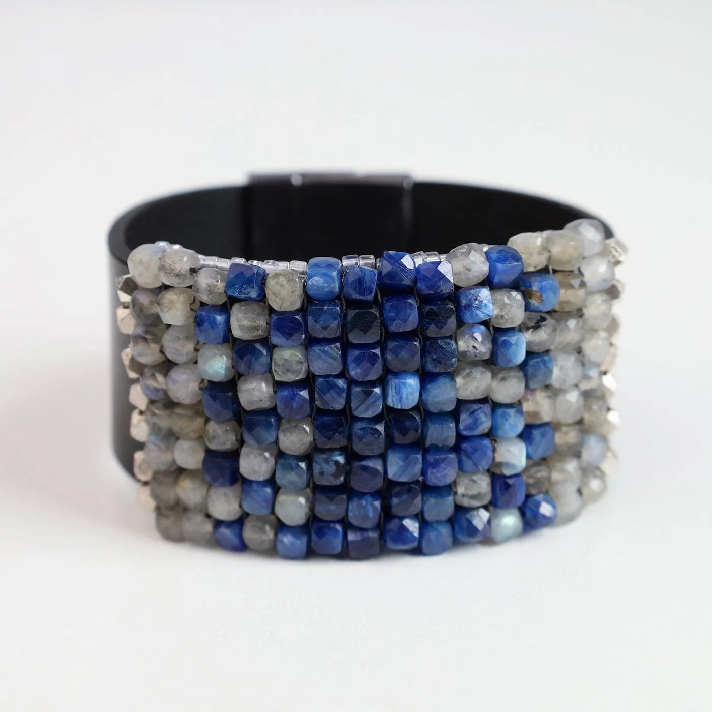 Hand Stitched Faceted Kyanite & Labadorite Cubes Leather Bracelet