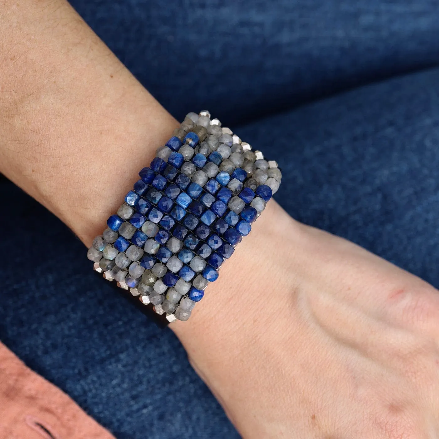 Hand Stitched Faceted Kyanite & Labadorite Cubes Leather Bracelet
