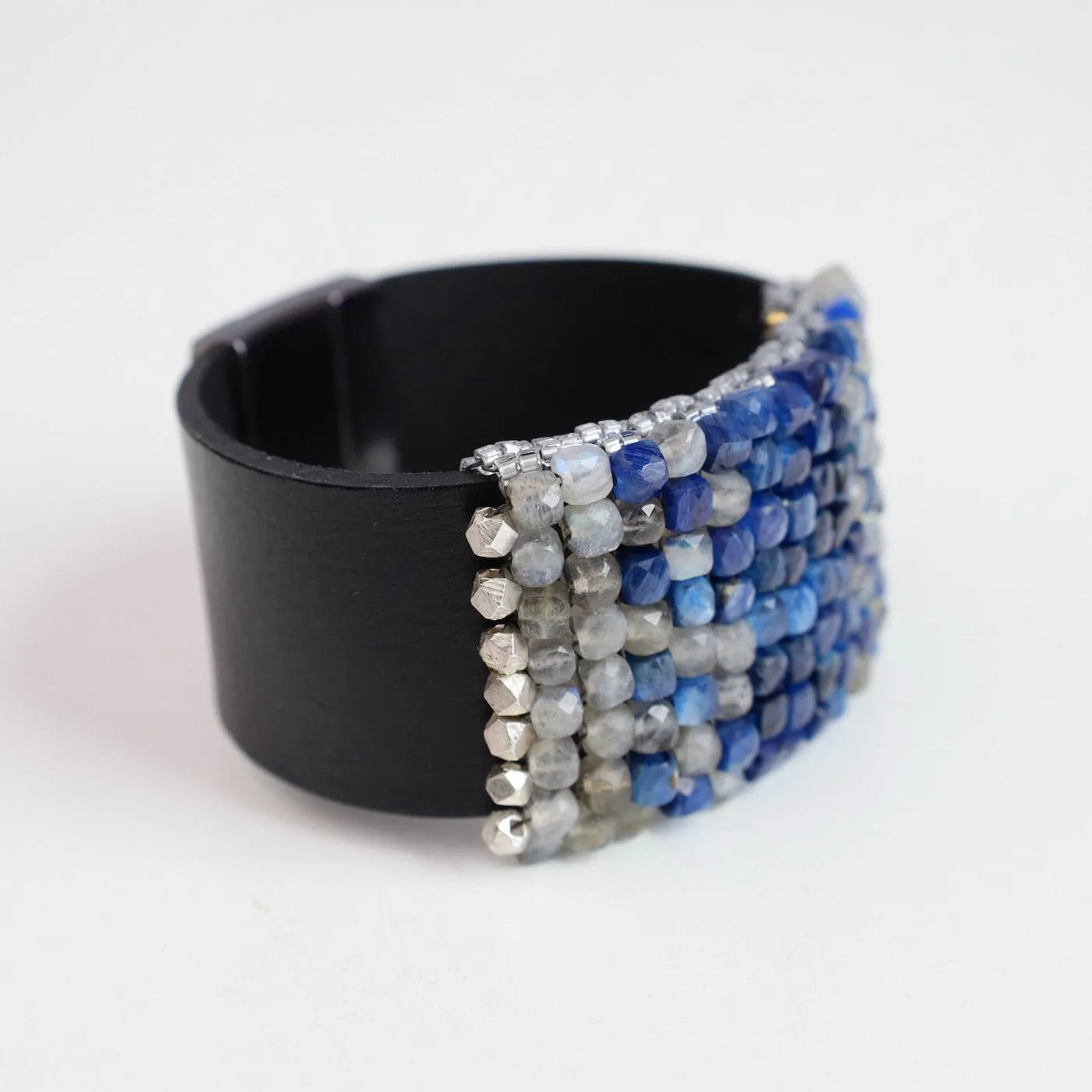 Hand Stitched Faceted Kyanite & Labadorite Cubes Leather Bracelet