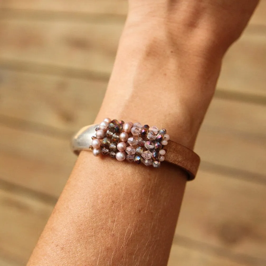 Hand Stitched Pink Pearls and Crystals Leather Cuff Bracelet