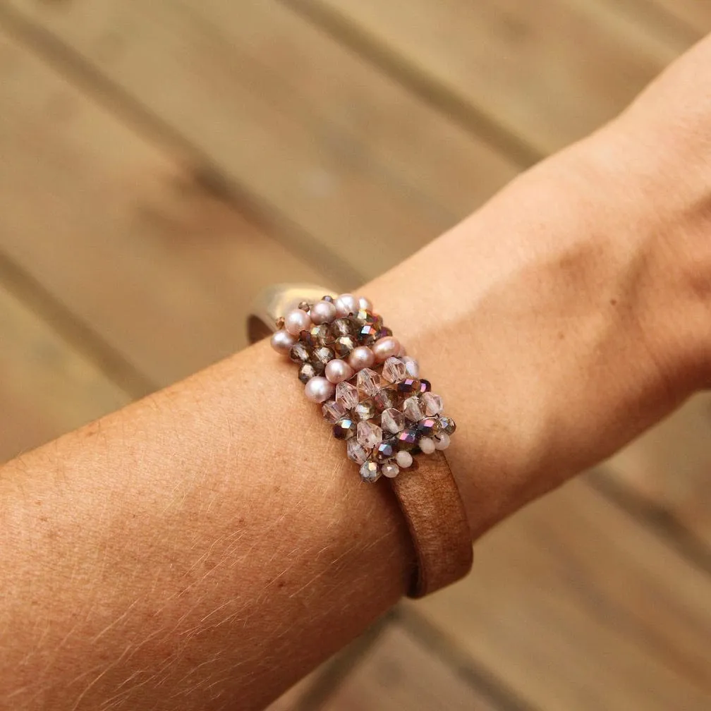 Hand Stitched Pink Pearls and Crystals Leather Cuff Bracelet