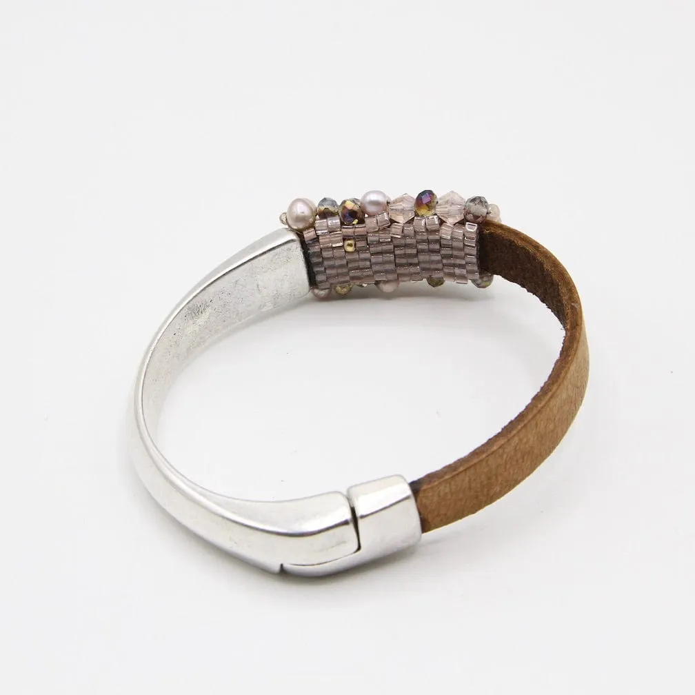 Hand Stitched Pink Pearls and Crystals Leather Cuff Bracelet