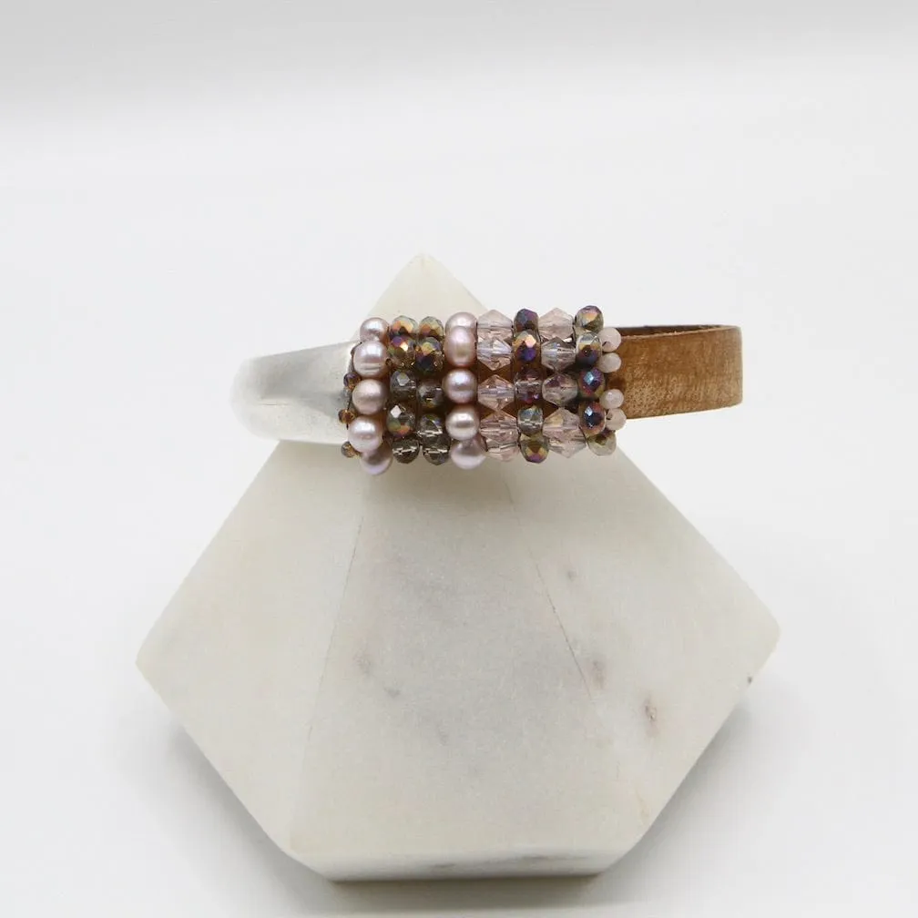 Hand Stitched Pink Pearls and Crystals Leather Cuff Bracelet