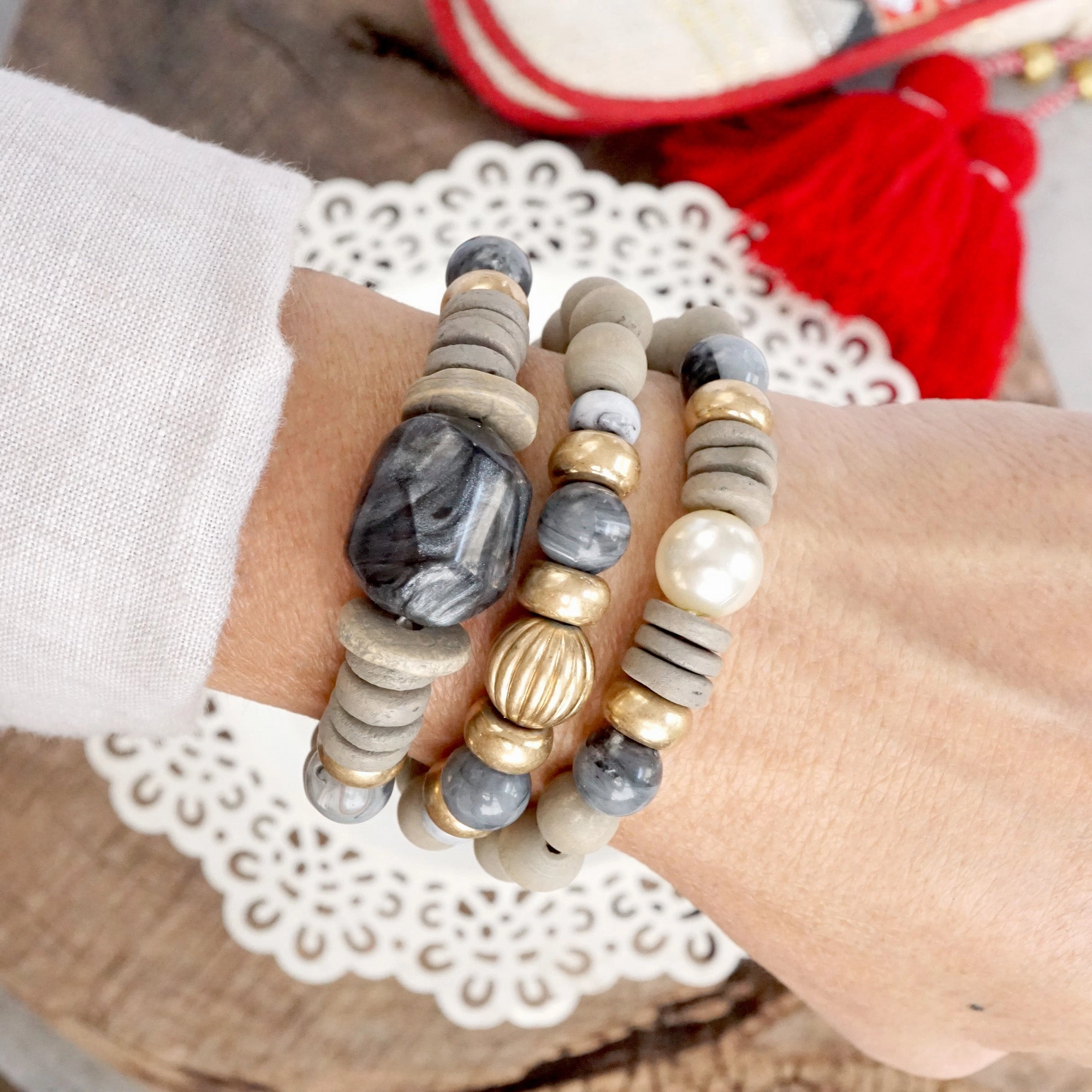 Memorable Amalgamations Chunky Beaded Bracelets set Wood Acrylic Metal beads Grey