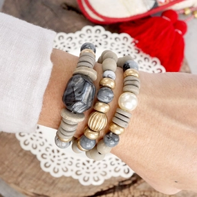 Memorable Amalgamations Chunky Beaded Bracelets set Wood Acrylic Metal beads Grey