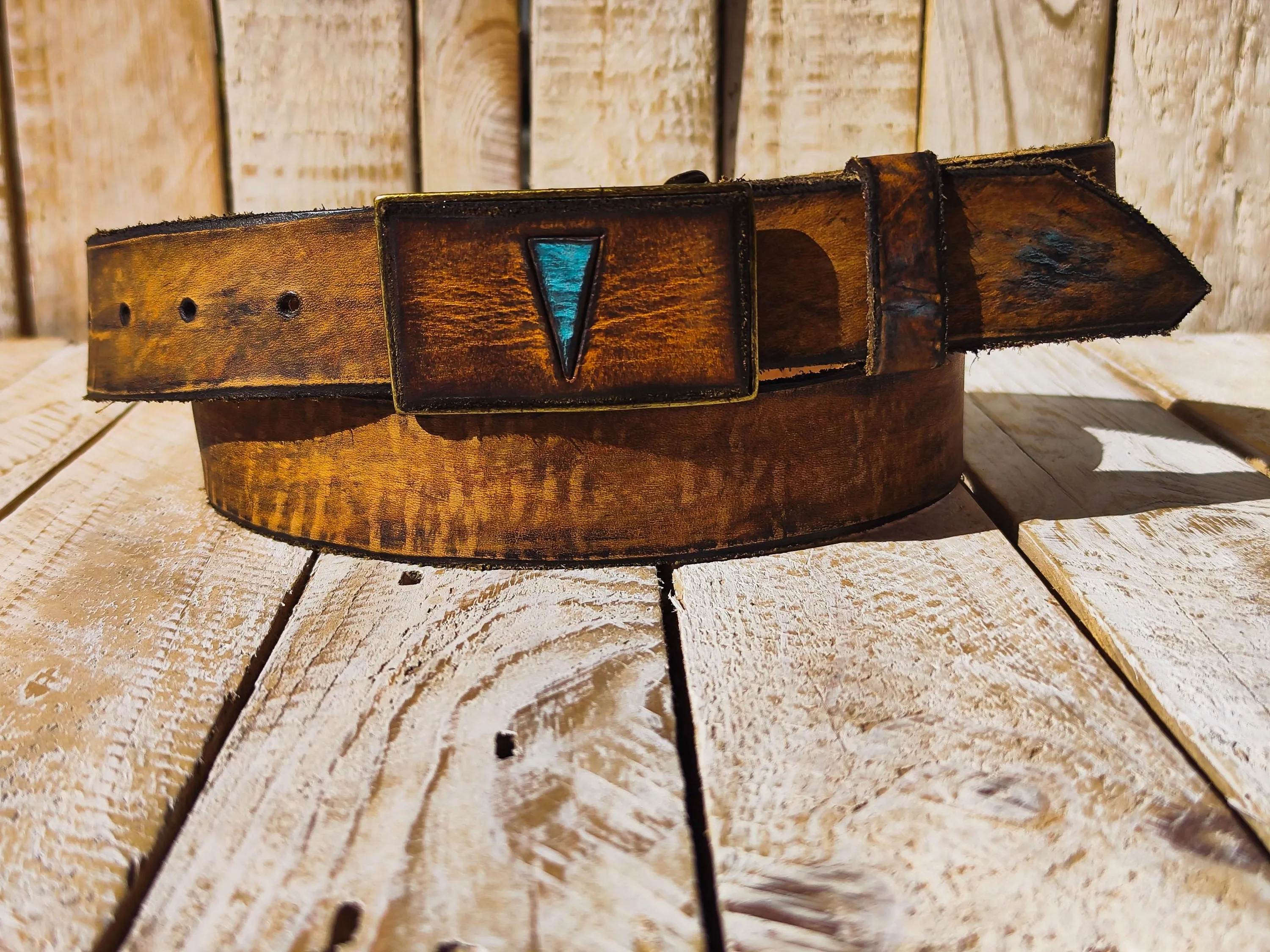 Handcrafted Brown Leather Belt with Vintage Texture and Bronze Buckle featuring Brown Leather and Turquoise Triangle  Boho-style Accessory