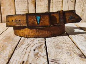Handcrafted Brown Leather Belt with Vintage Texture and Bronze Buckle featuring Brown Leather and Turquoise Triangle  Boho-style Accessory