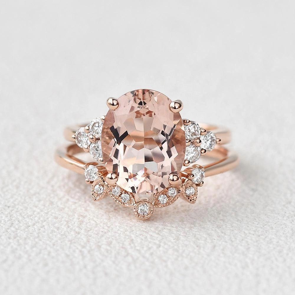 4.75ct Oval Cut Peachy Morganite Rose Gold Ring Set 2pcs Shining Edge Light Spark