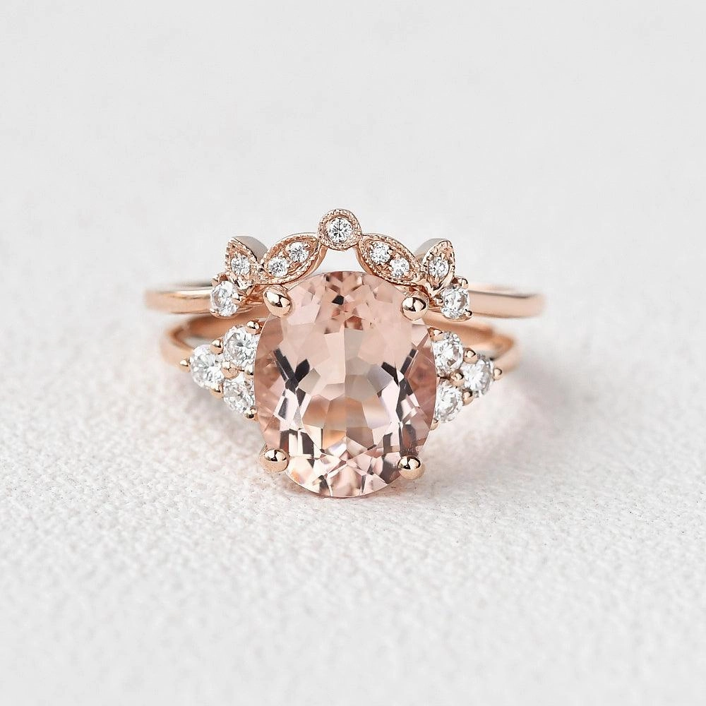 Casual Fit Elegant Pop 4.75ct Oval Cut Peachy Morganite Rose Gold Ring Set 2pcs