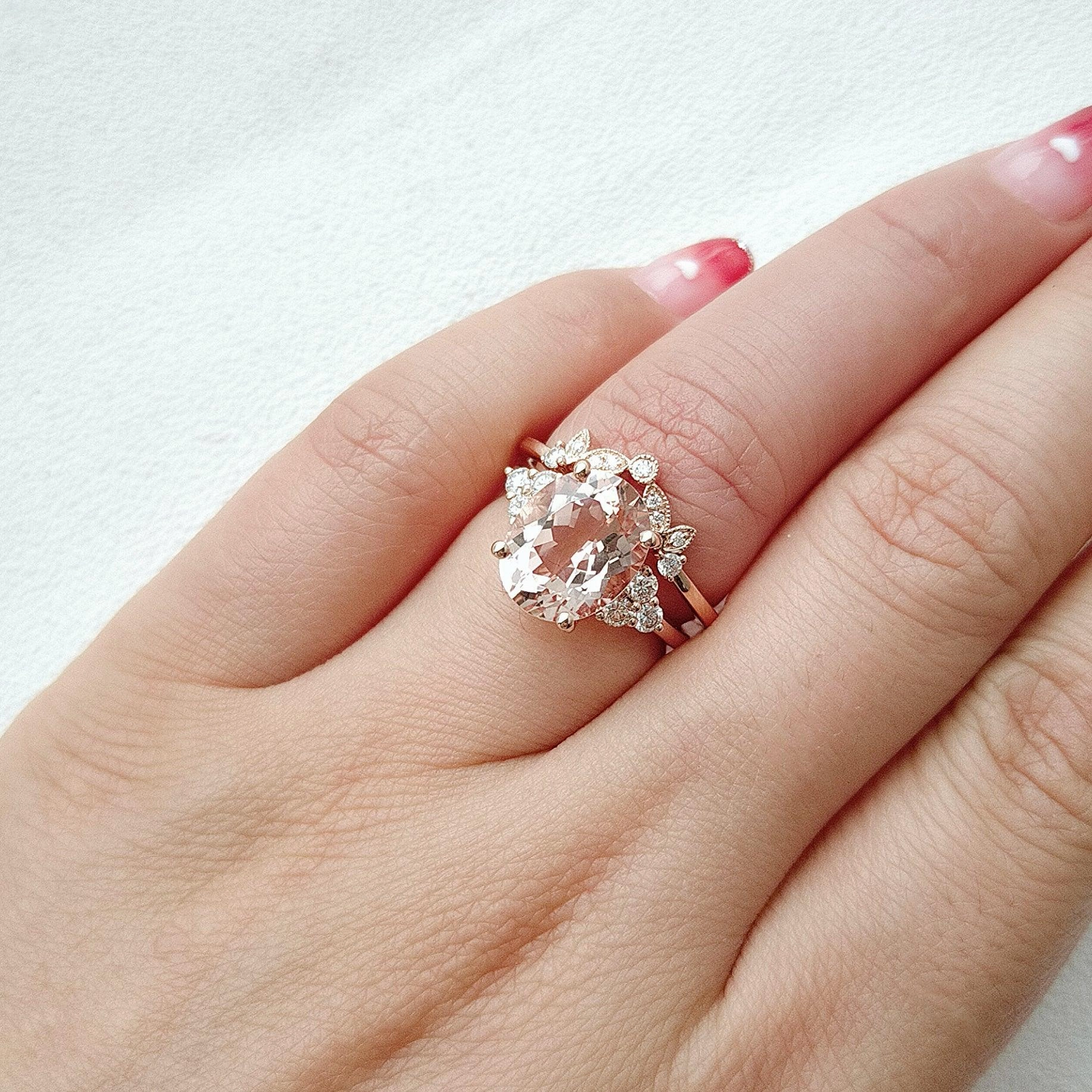 Elegant Pieces Layered Combo 4.75ct Oval Cut Peachy Morganite Rose Gold Ring Set 2pcs