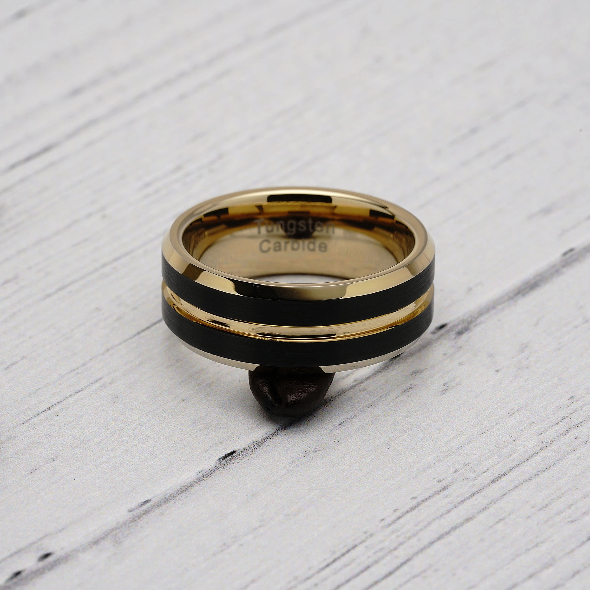 100S JEWELRY Tungsten Rings for Mens Wedding Bands Black Matte Gold Grooved Center Size 6-16 Bridal Shower