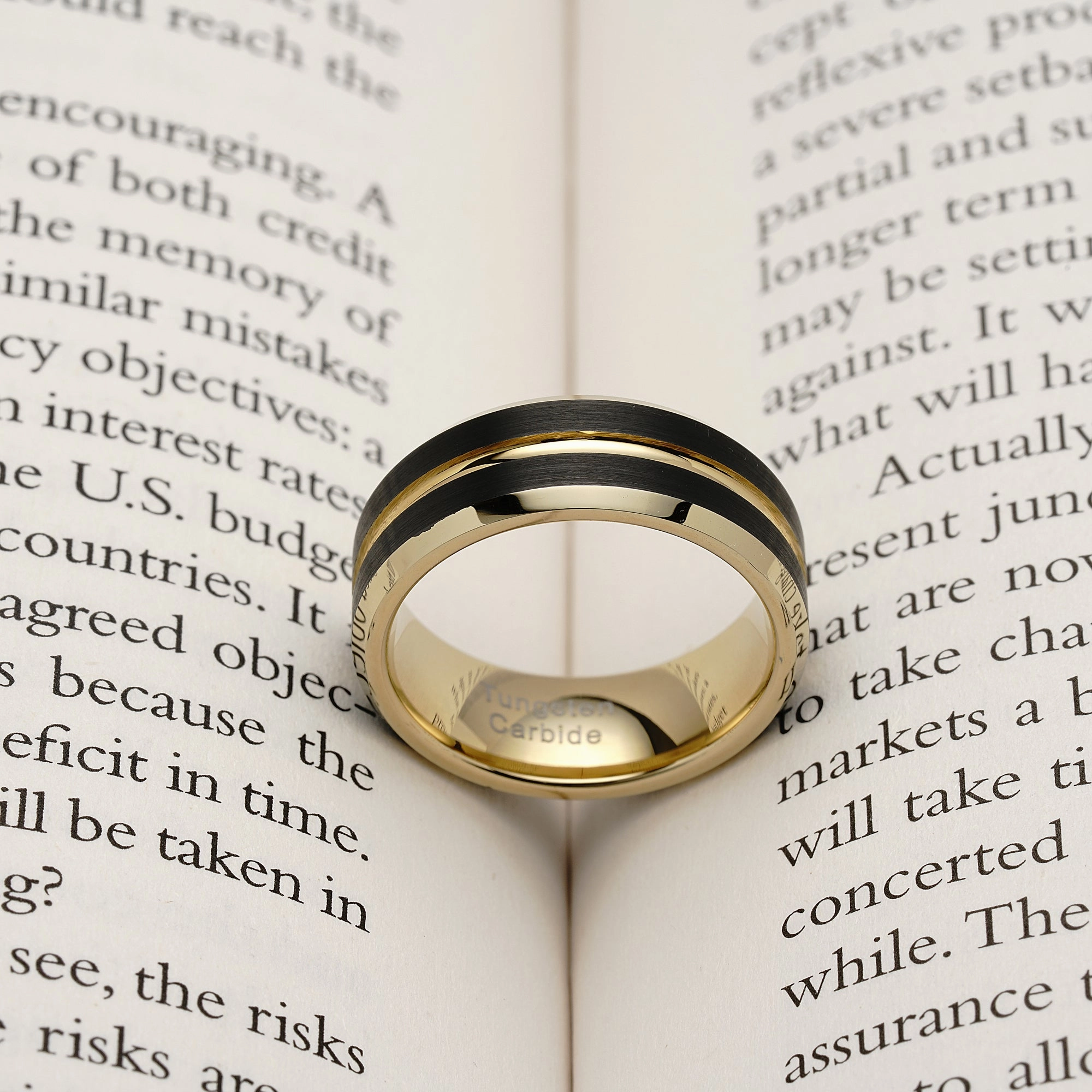 100S JEWELRY Tungsten Rings for Mens Wedding Bands Black Matte Gold Grooved Center Size 6-16 Weekend Accent