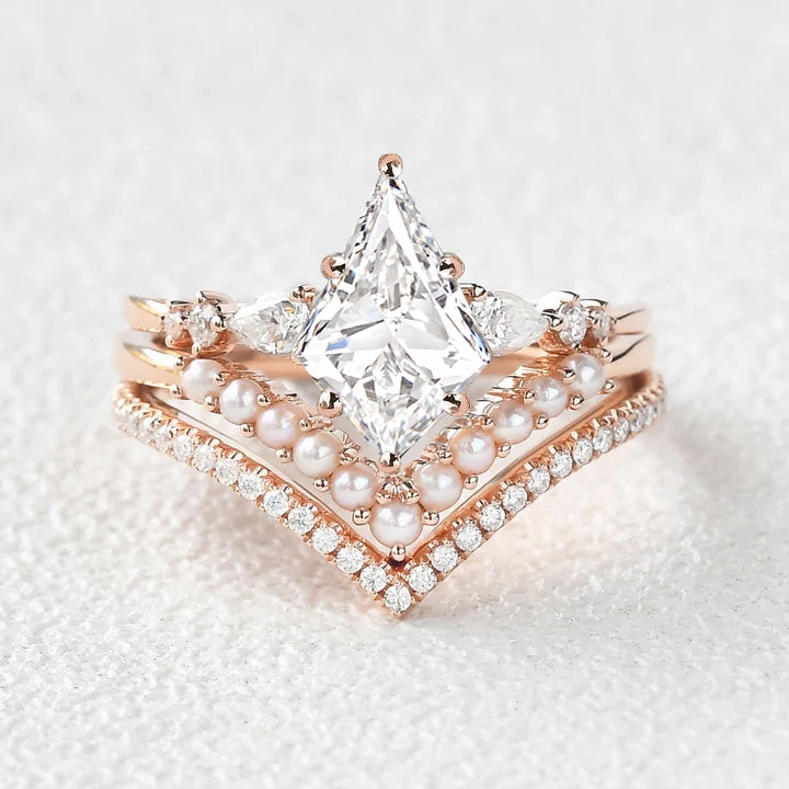Kite Cut Moissanite Pearl Stacking Engagement Bridal Set 3pcs Festive Outfit