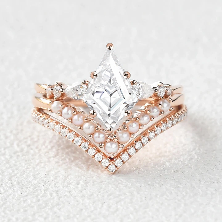 Evergreen style Kite Cut Moissanite Pearl Stacking Engagement Bridal Set 3pcs