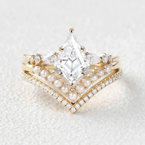 Clean Lines Gorgeous Finish Kite Cut Moissanite Pearl Stacking Engagement Bridal Set 3pcs