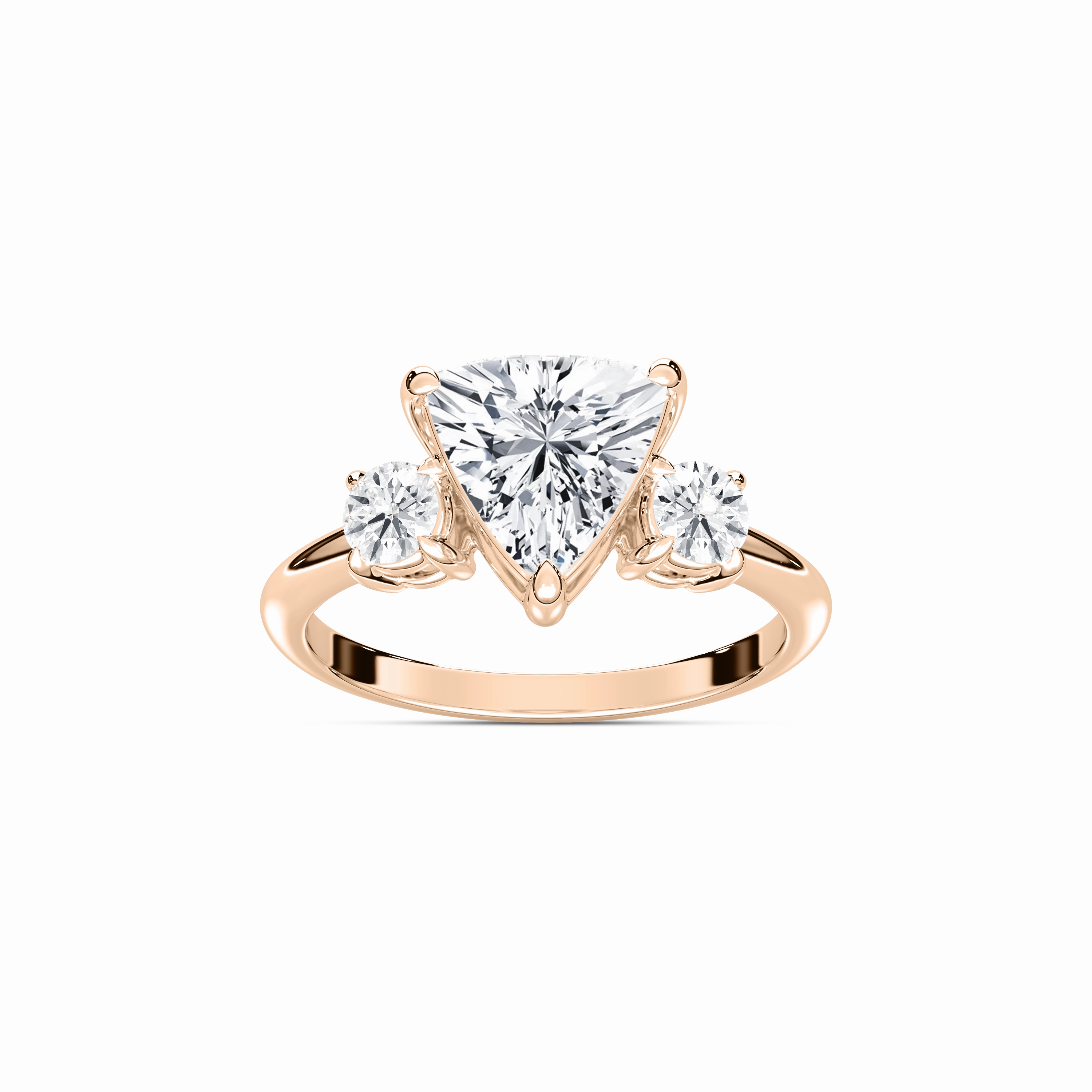Size inclusive Everyday Durability Prisha Trillion Lab Grown Diamond wtih Round Sides Three Stone Engagement Ring