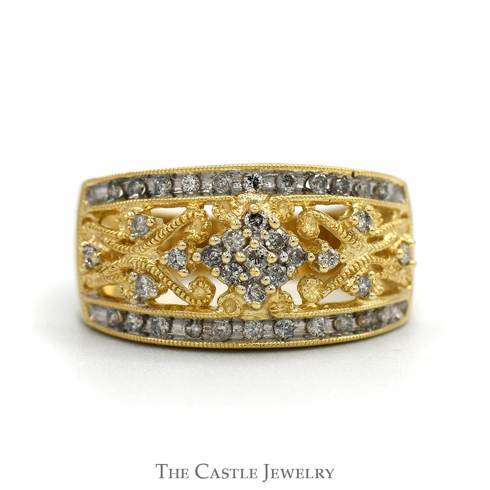 Flower Diamond Cluster Band with Open Filigree Design in 14k Yellow Gold Custom Style Sturdy Jewelry