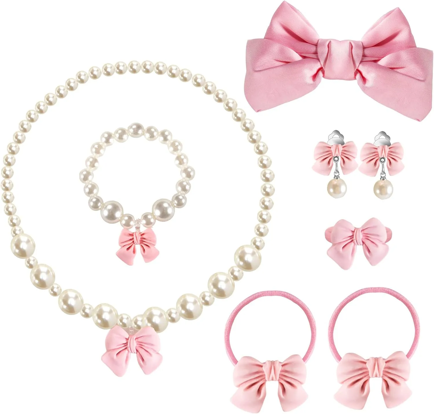 Handmade Bow Pearl Kids Jewelry for Little Girls Toddler Set of 8 pcs - Hair Bows Clips Ties - Stretch Necklace Bracelets Rings and Clip on Earrings - Cute Princess Dress Up Gifts