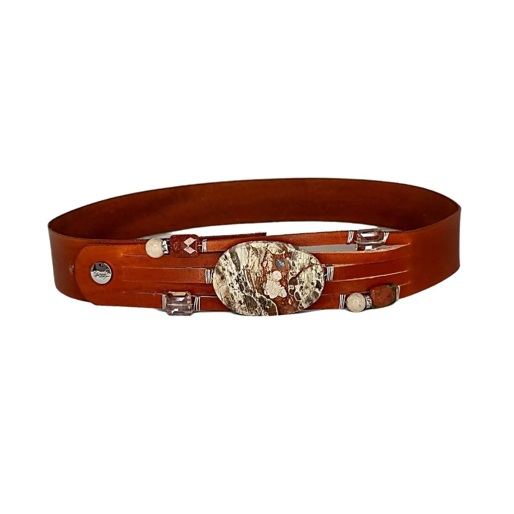 Handmade Leather Belt Brown/Mushroom Jasper Gemstone & Rhinestones