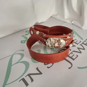Handmade Leather Belt Brown/Mushroom Jasper Gemstone & Rhinestones