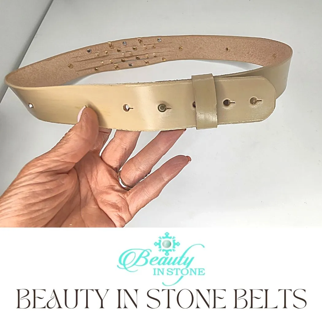 Handmade Leather Belt Pearls & Rhinestones on Beige Leather