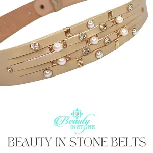 Handmade Leather Belt Pearls & Rhinestones on Beige Leather