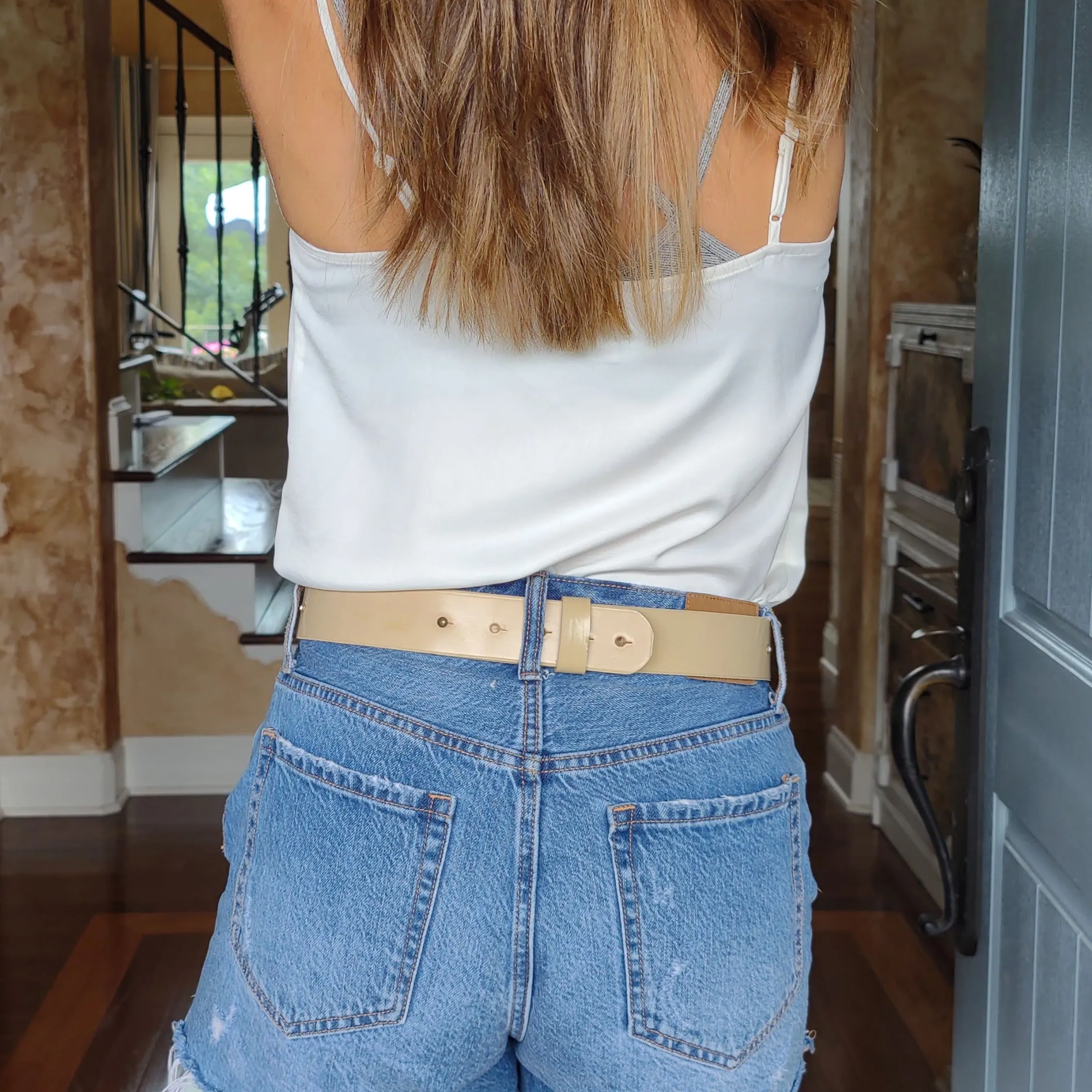 Handmade Leather Belt Pearls & Rhinestones on Beige Leather