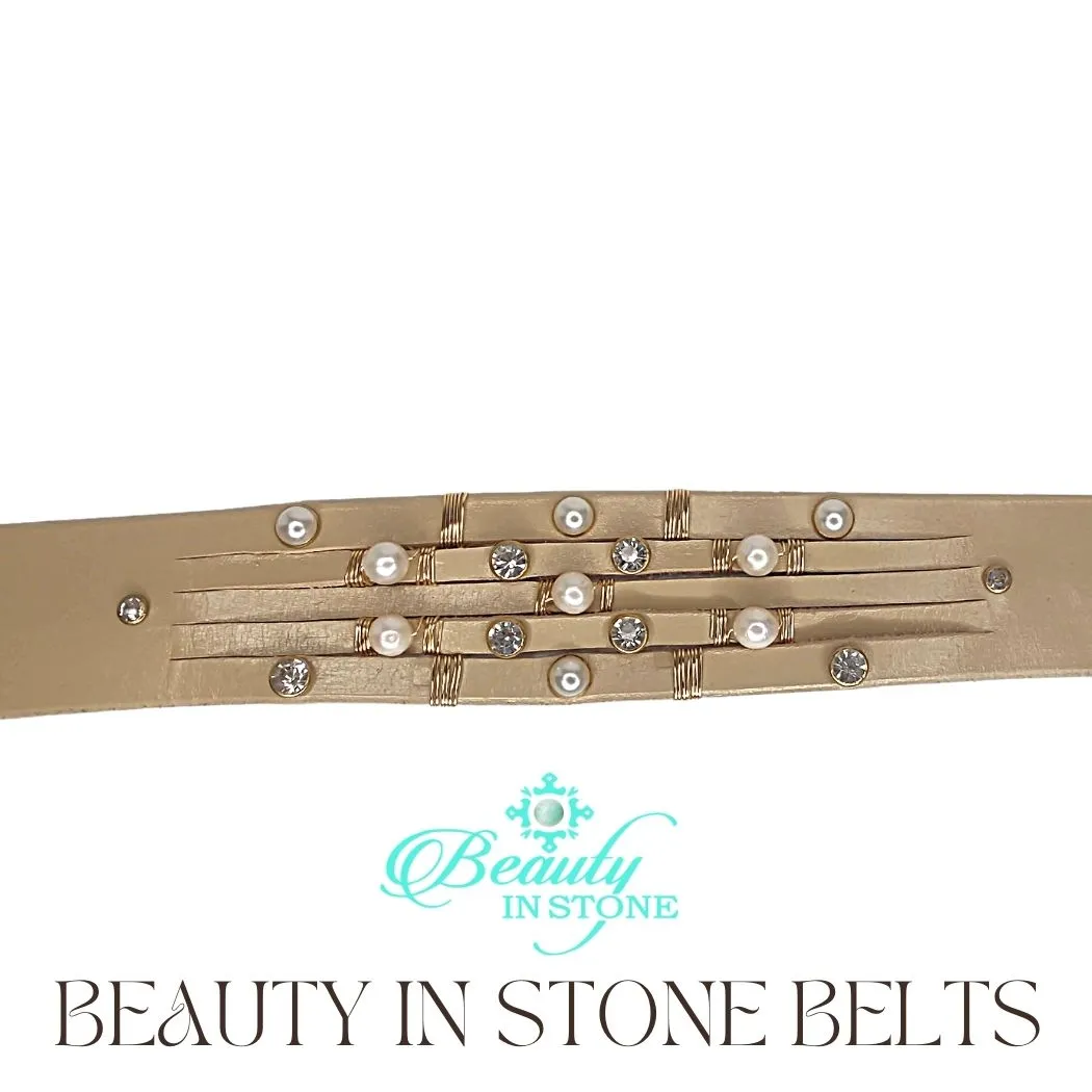 Handmade Leather Belt Pearls & Rhinestones on Beige Leather