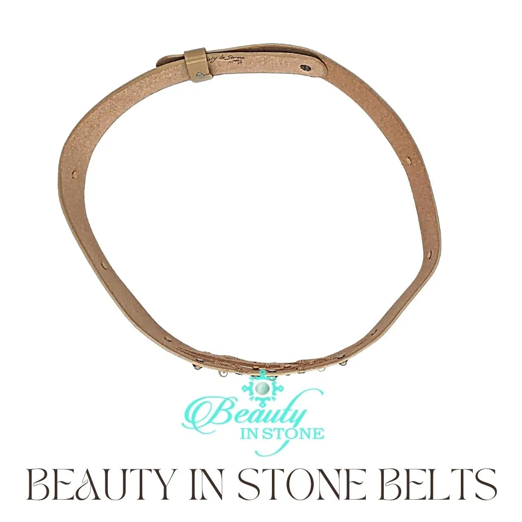 Handmade Leather Belt Pearls & Rhinestones on Beige Leather