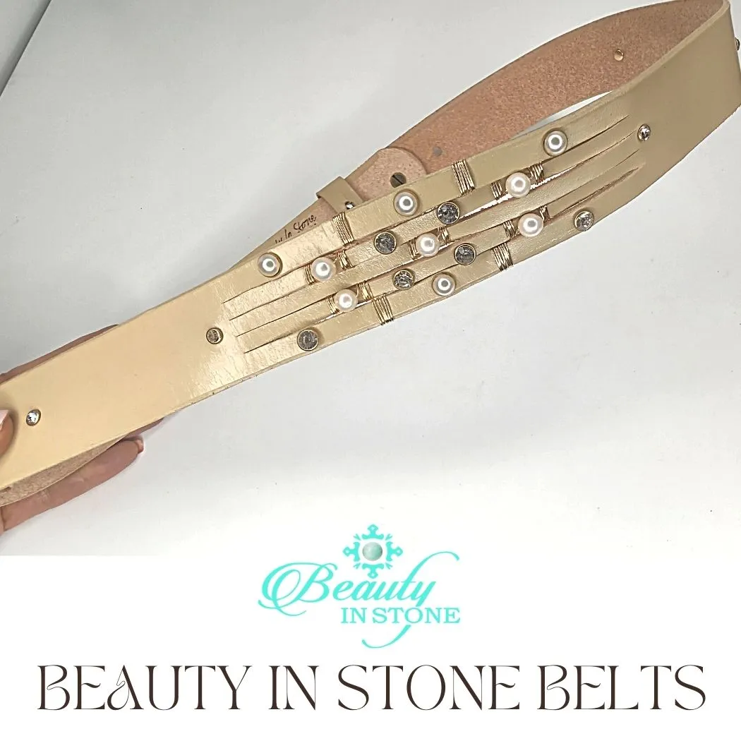 Handmade Leather Belt Pearls & Rhinestones on Beige Leather